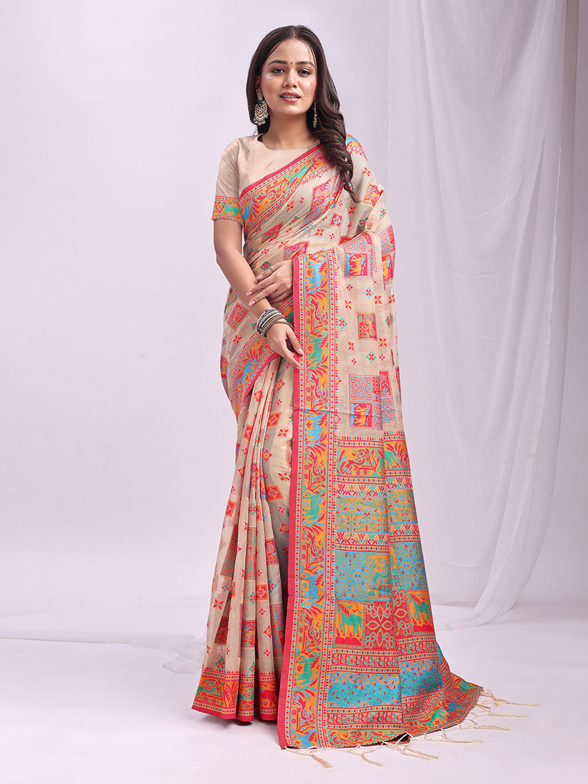 Monjolika Fashion Beige Linen Cotton Blend Saree with Multicolor Ethnic Print