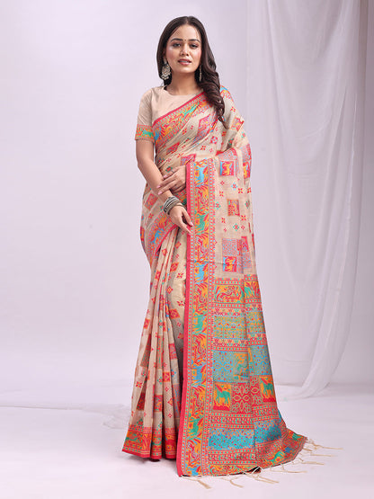 Monjolika Fashion Beige Linen Cotton Blend Saree with Multicolor Ethnic Print