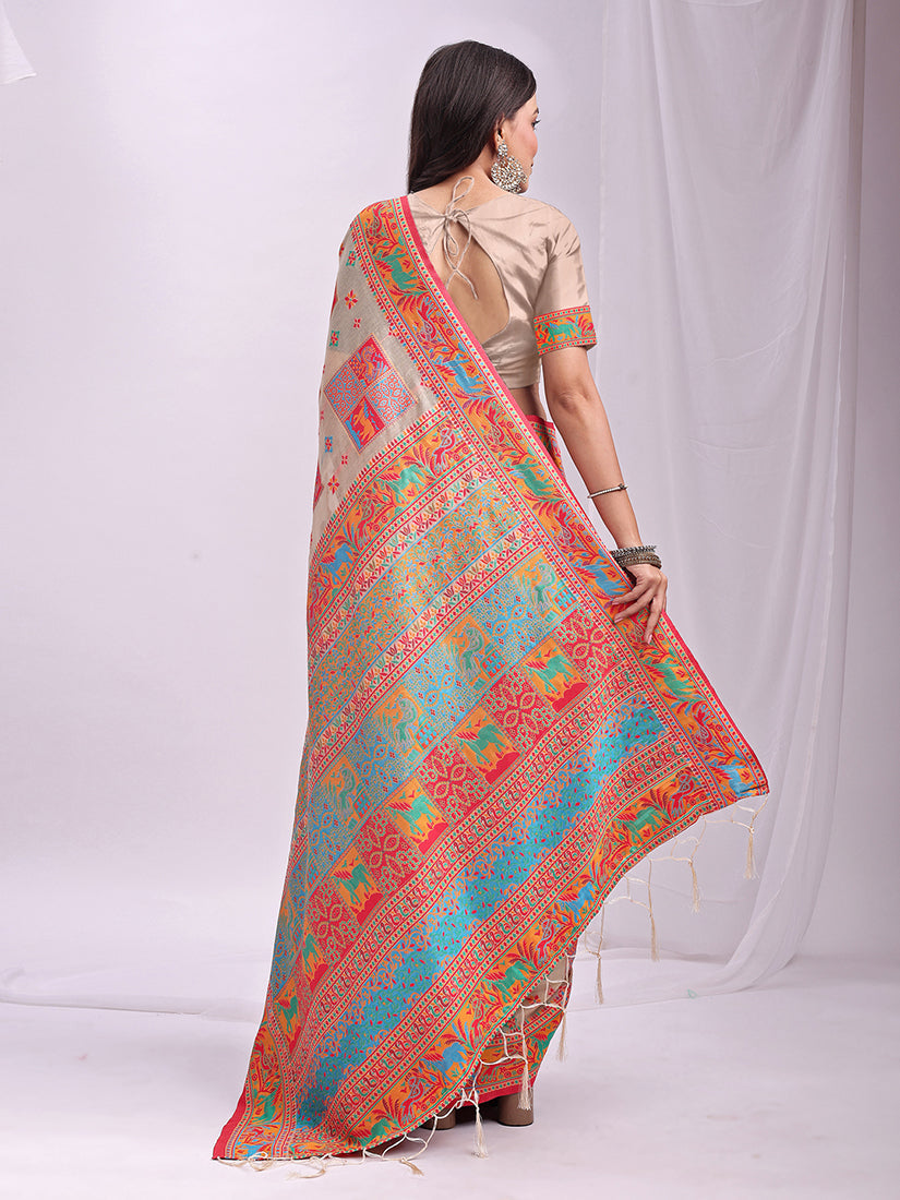 Monjolika Fashion Beige Linen Cotton Blend Saree with Multicolor Ethnic Print