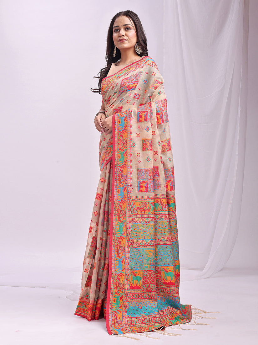 Monjolika Fashion Beige Linen Cotton Blend Saree with Multicolor Ethnic Print