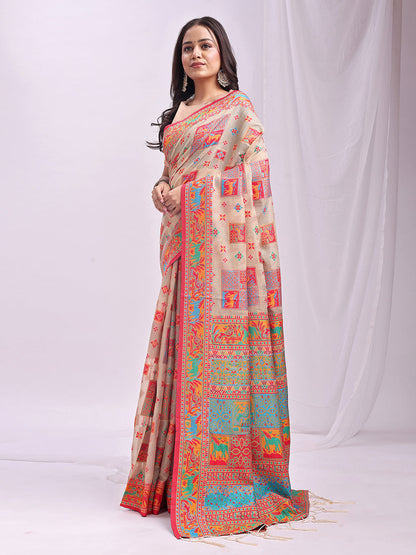 Monjolika Fashion Beige Linen Cotton Blend Saree with Multicolor Ethnic Print
