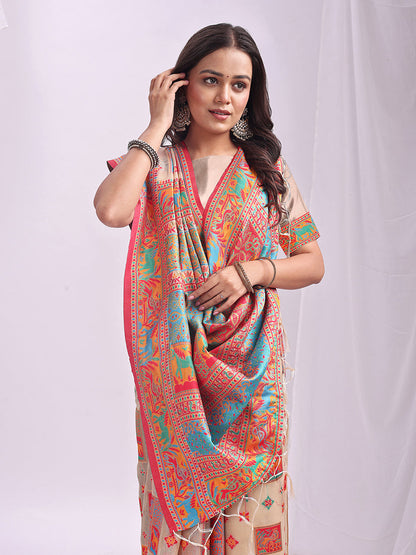 Monjolika Fashion Beige Linen Cotton Blend Saree with Multicolor Ethnic Print