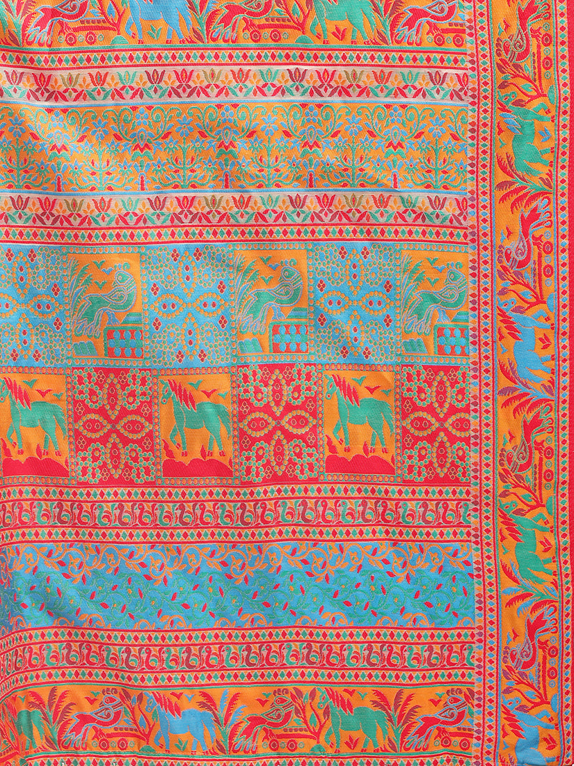 Monjolika Fashion Beige Linen Cotton Blend Saree with Multicolor Ethnic Print