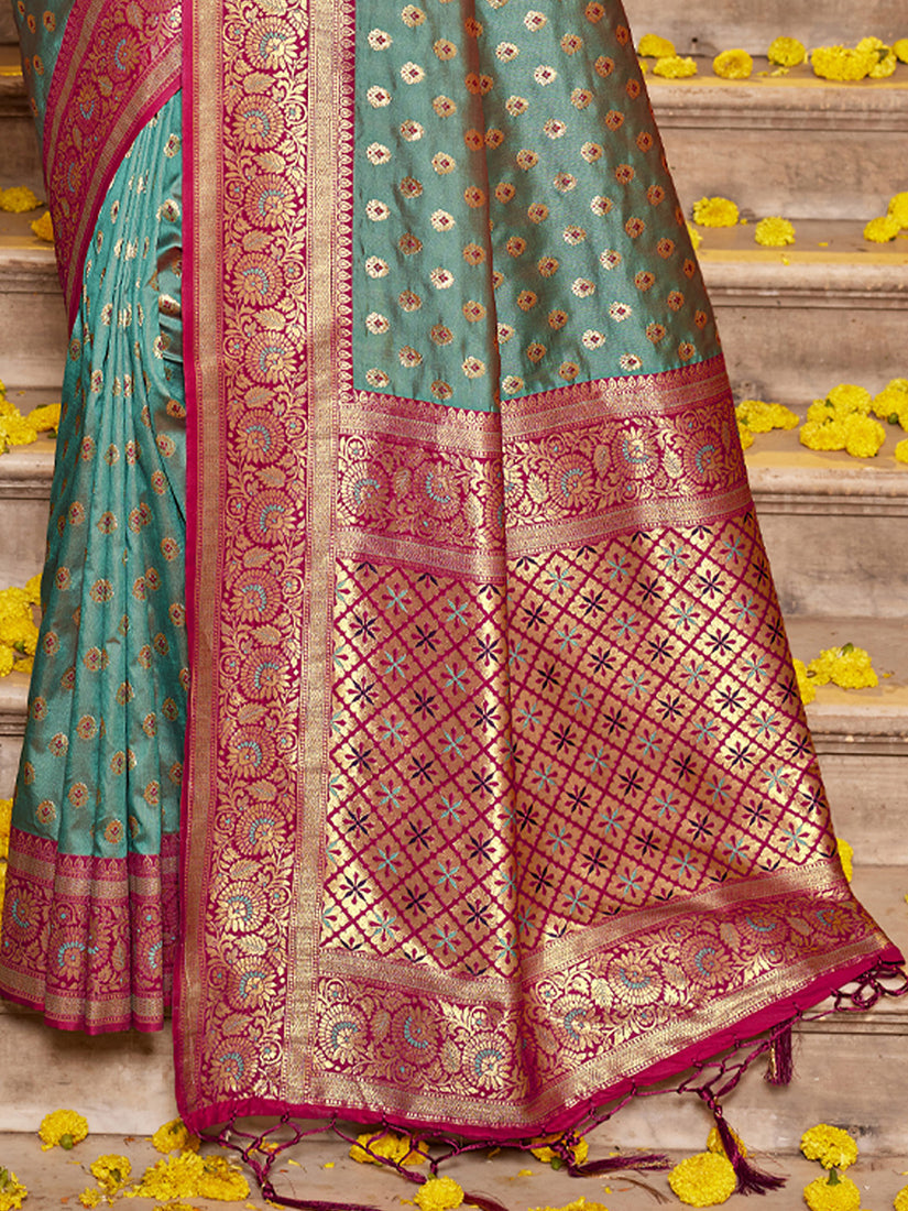 Monjolika Fashion Teal Blue Banarasi Silk Blend Saree with Magenta Zari Border