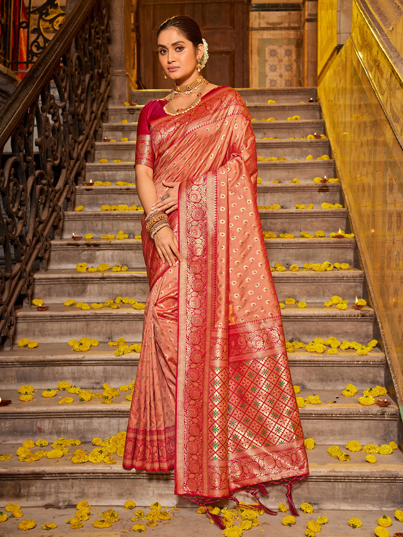 Monjolika Fashion Peach Banarasi Silk Blend Saree with Rani Pink Zari Border