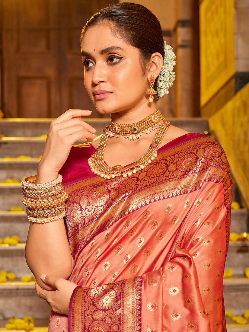 Monjolika Fashion Peach Banarasi Silk Blend Saree with Rani Pink Zari Border