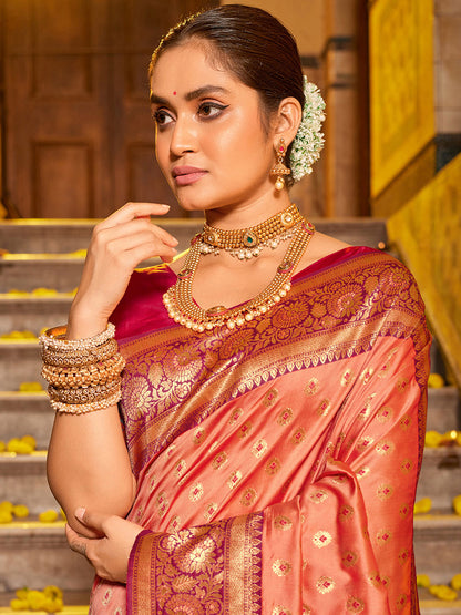 Monjolika Fashion Peach Banarasi Silk Blend Saree with Rani Pink Zari Border