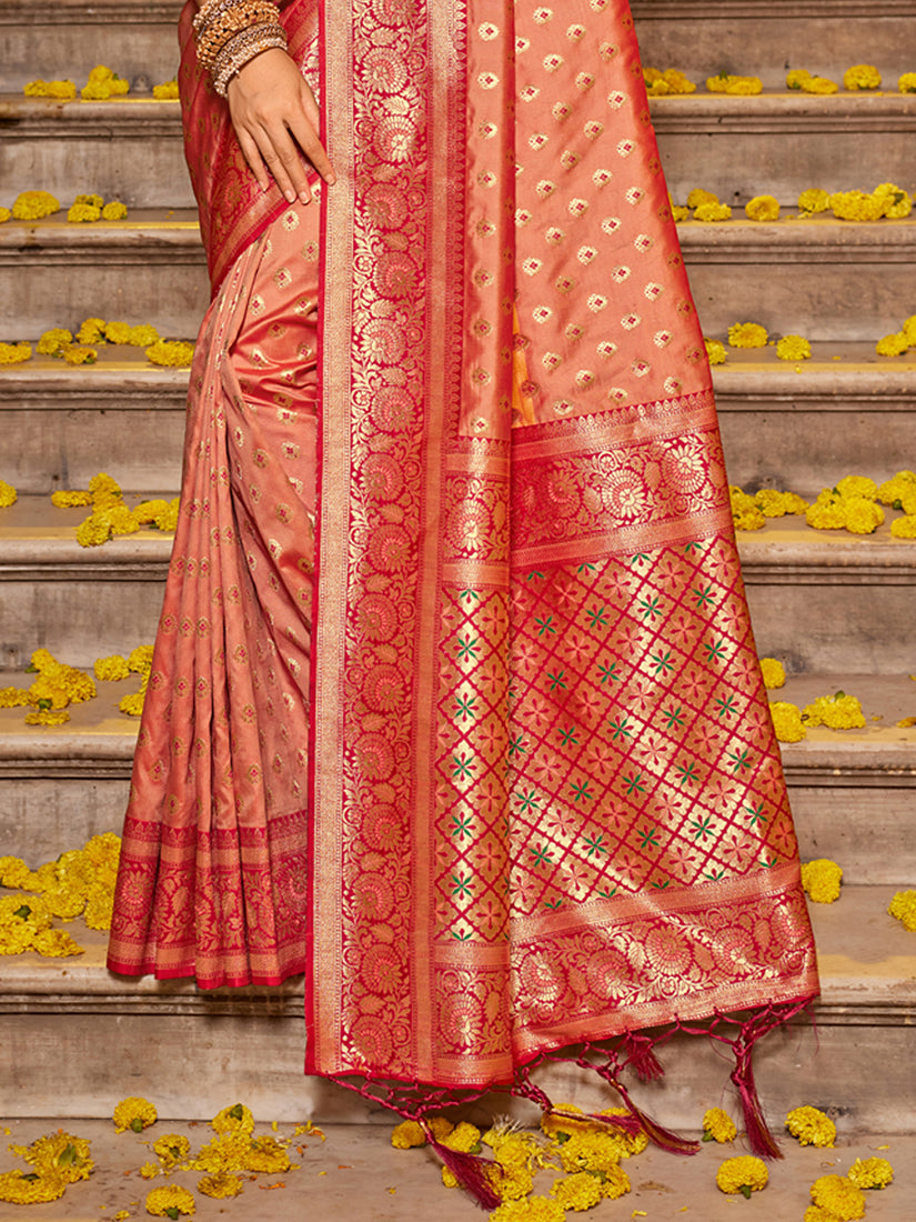 Monjolika Fashion Peach Banarasi Silk Blend Saree with Rani Pink Zari Border