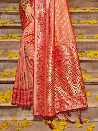 Monjolika Fashion Peach Banarasi Silk Blend Saree with Rani Pink Zari Border