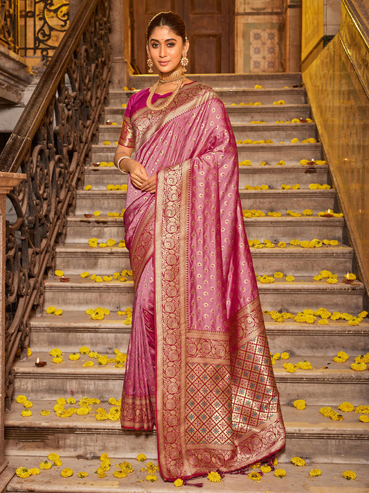 Monjolika Fashion Onion Pink Banarasi Silk Blend Saree with Magenta Zari Border