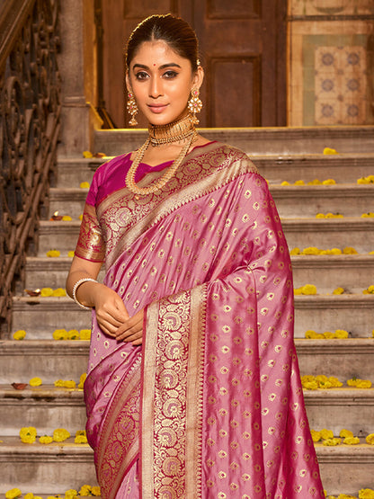 Monjolika Fashion Onion Pink Banarasi Silk Blend Saree with Magenta Zari Border