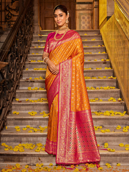 Monjolika Fashion Orange Banarasi Silk Blend Saree with Magenta Zari Border