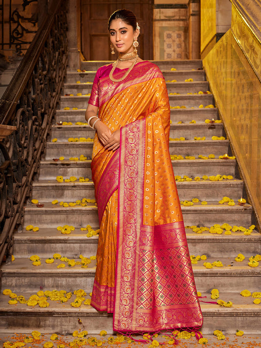 Monjolika Fashion Orange Banarasi Silk Blend Saree with Magenta Zari Border