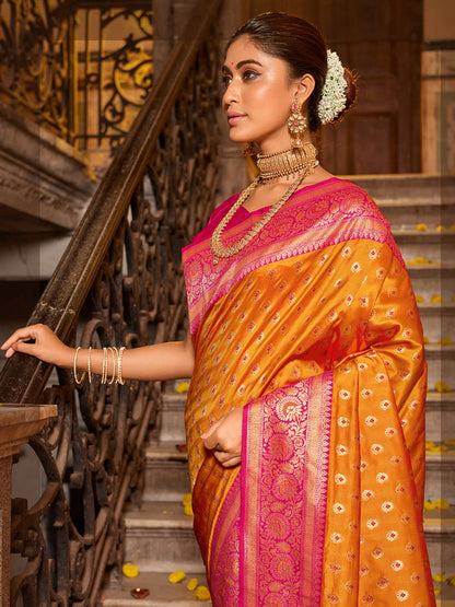 Monjolika Fashion Orange Banarasi Silk Blend Saree with Magenta Zari Border