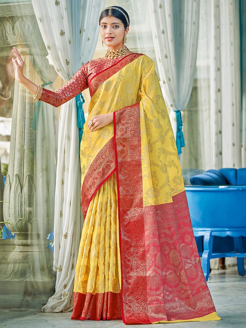 Monjolika Fashion Yellow & Red Linen Cotton Blend Saree with Rich Zari Woven Border