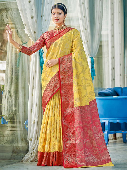 Monjolika Fashion Yellow & Red Linen Cotton Blend Saree with Rich Zari Woven Border