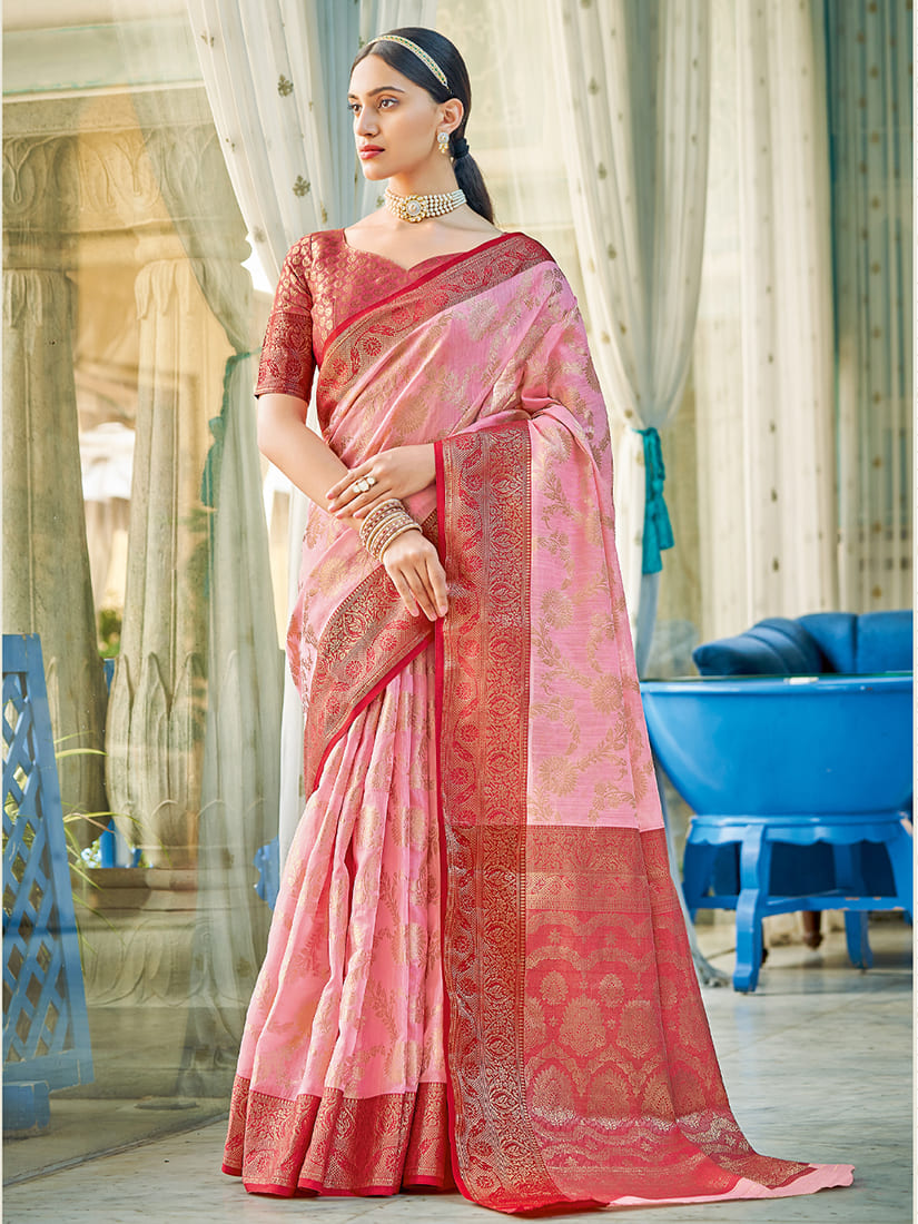 Monjolika Fashion Light Pink & Red Linen Cotton Blend Saree with Rich Zari Woven Border
