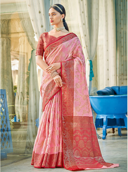 Monjolika Fashion Light Pink & Red Linen Cotton Blend Saree with Rich Zari Woven Border