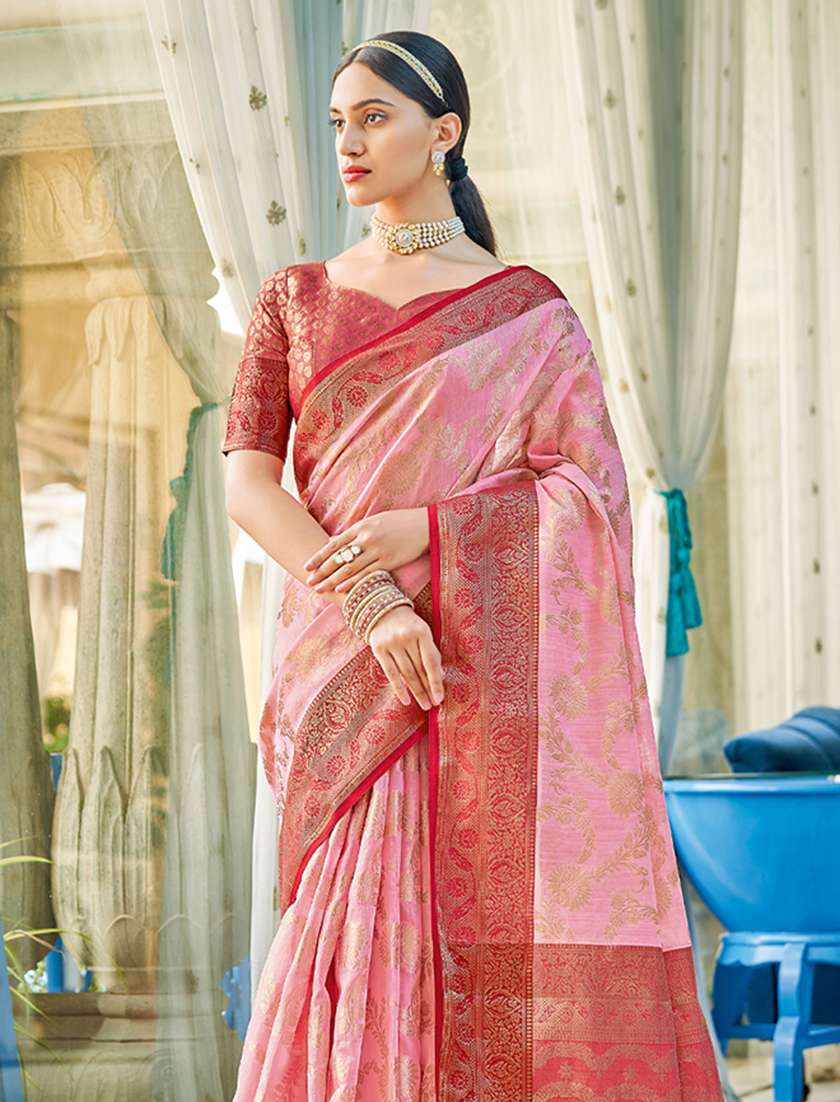 Monjolika Fashion Light Pink & Red Linen Cotton Blend Saree with Rich Zari Woven Border