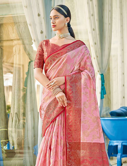 Monjolika Fashion Light Pink & Red Linen Cotton Blend Saree with Rich Zari Woven Border