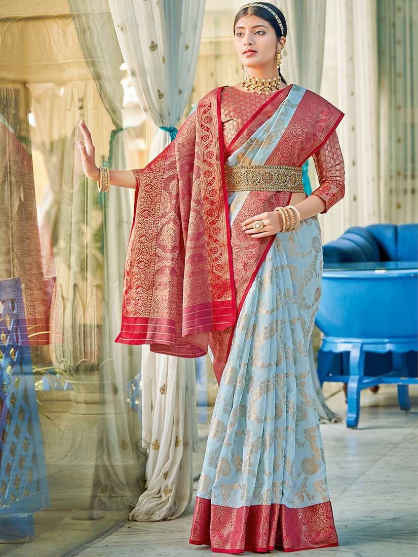 Monjolika Fashion Sky Blue & Red Linen Cotton Blend Saree with Rich Zari Woven Border