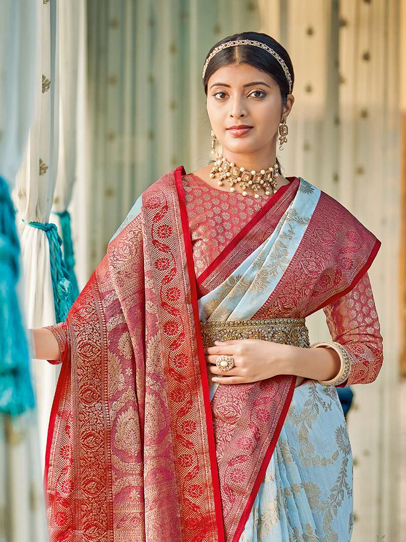 Monjolika Fashion Sky Blue & Red Linen Cotton Blend Saree with Rich Zari Woven Border
