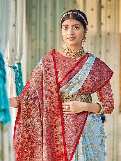 Monjolika Fashion Sky Blue & Red Linen Cotton Blend Saree with Rich Zari Woven Border