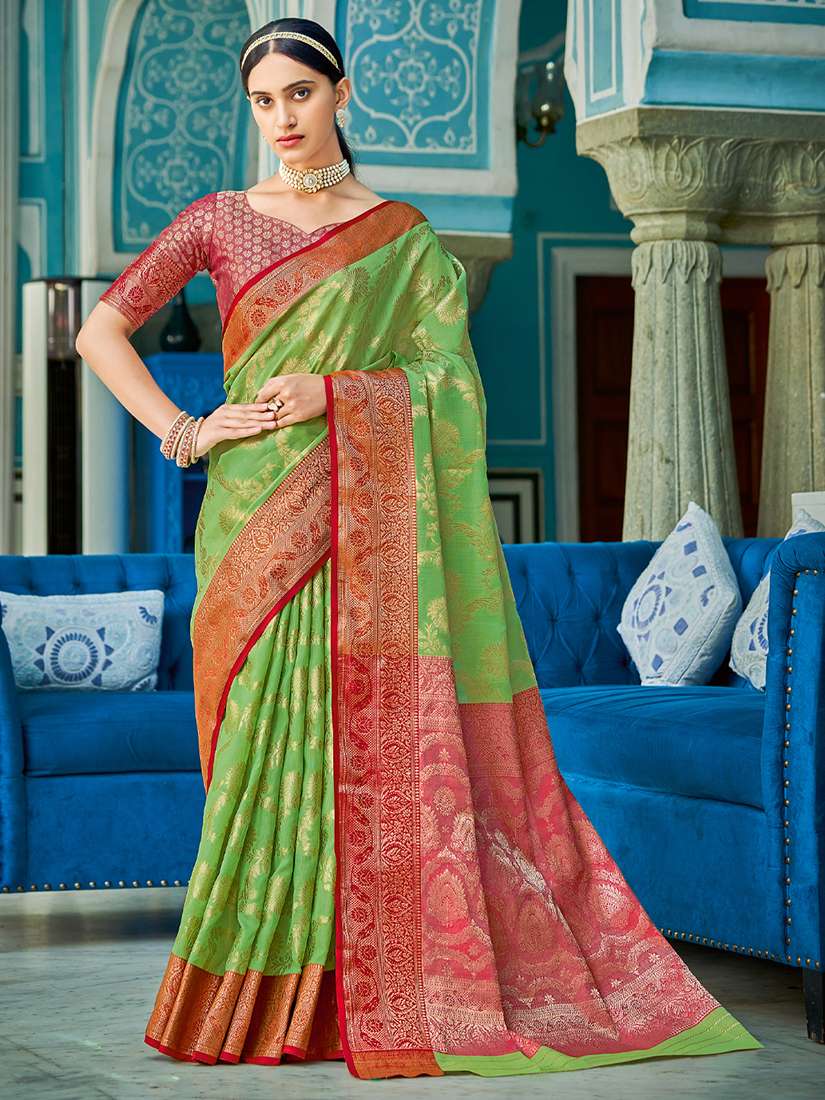 Monjolika Fashion Green & Red Linen Cotton Blend Saree with Rich Zari Woven Border