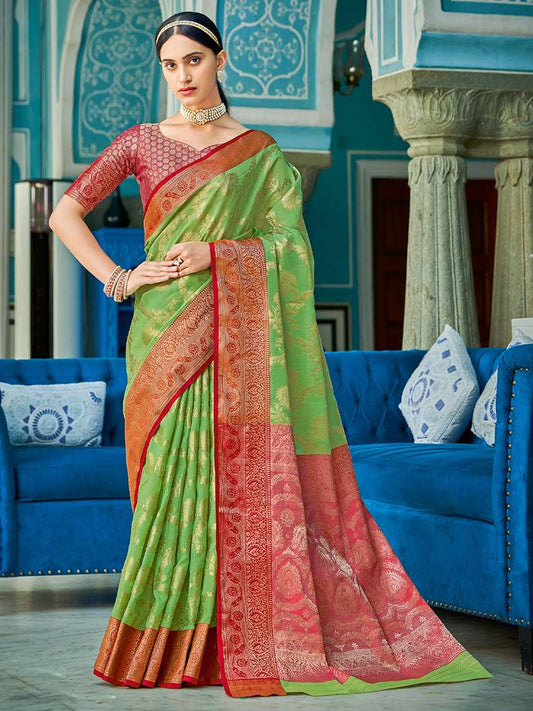 Monjolika Fashion Green & Red Linen Cotton Blend Saree with Rich Zari Woven Border