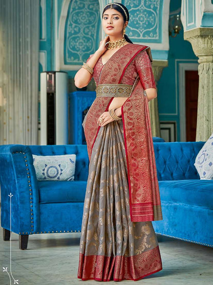 Monjolika Fashion Grey & Red Linen Cotton Blend Saree with Rich Zari Woven Border