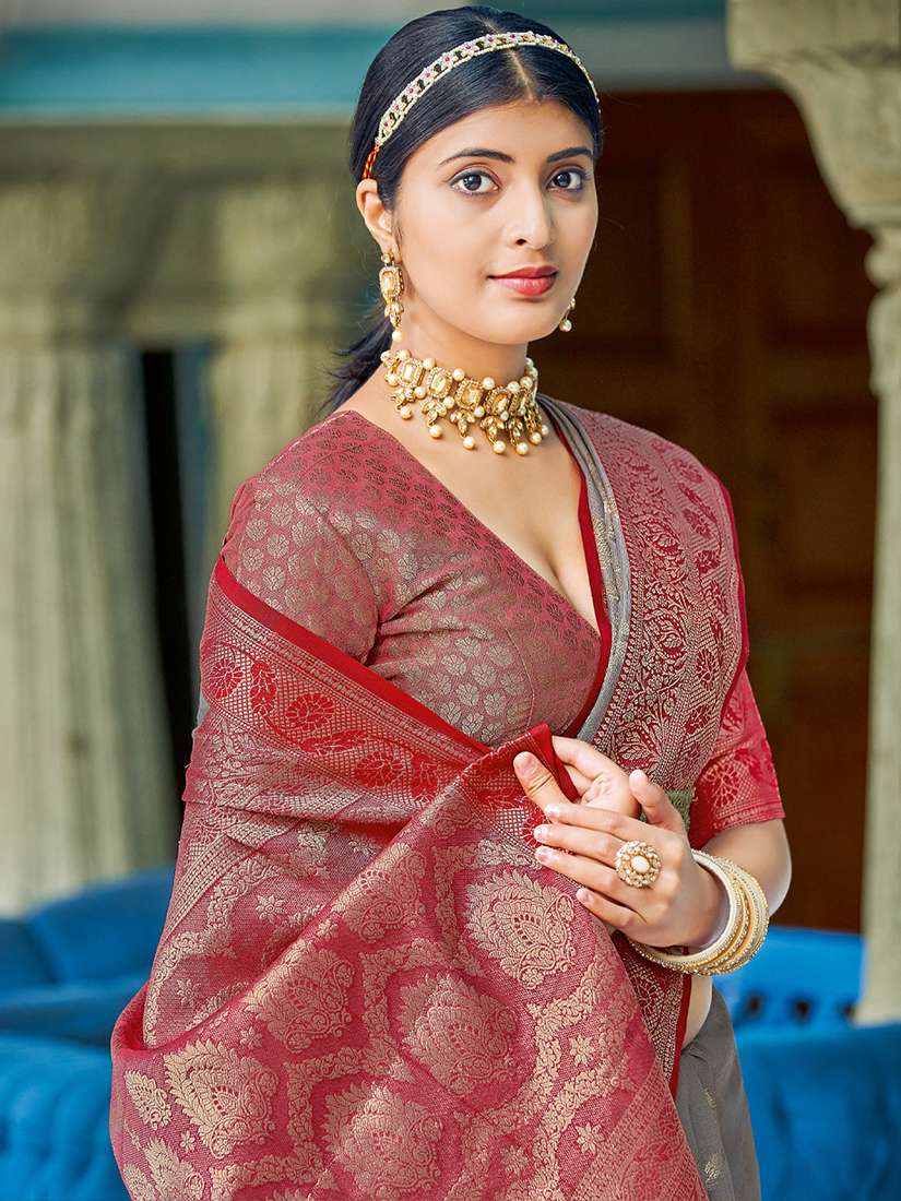 Monjolika Fashion Grey & Red Linen Cotton Blend Saree with Rich Zari Woven Border