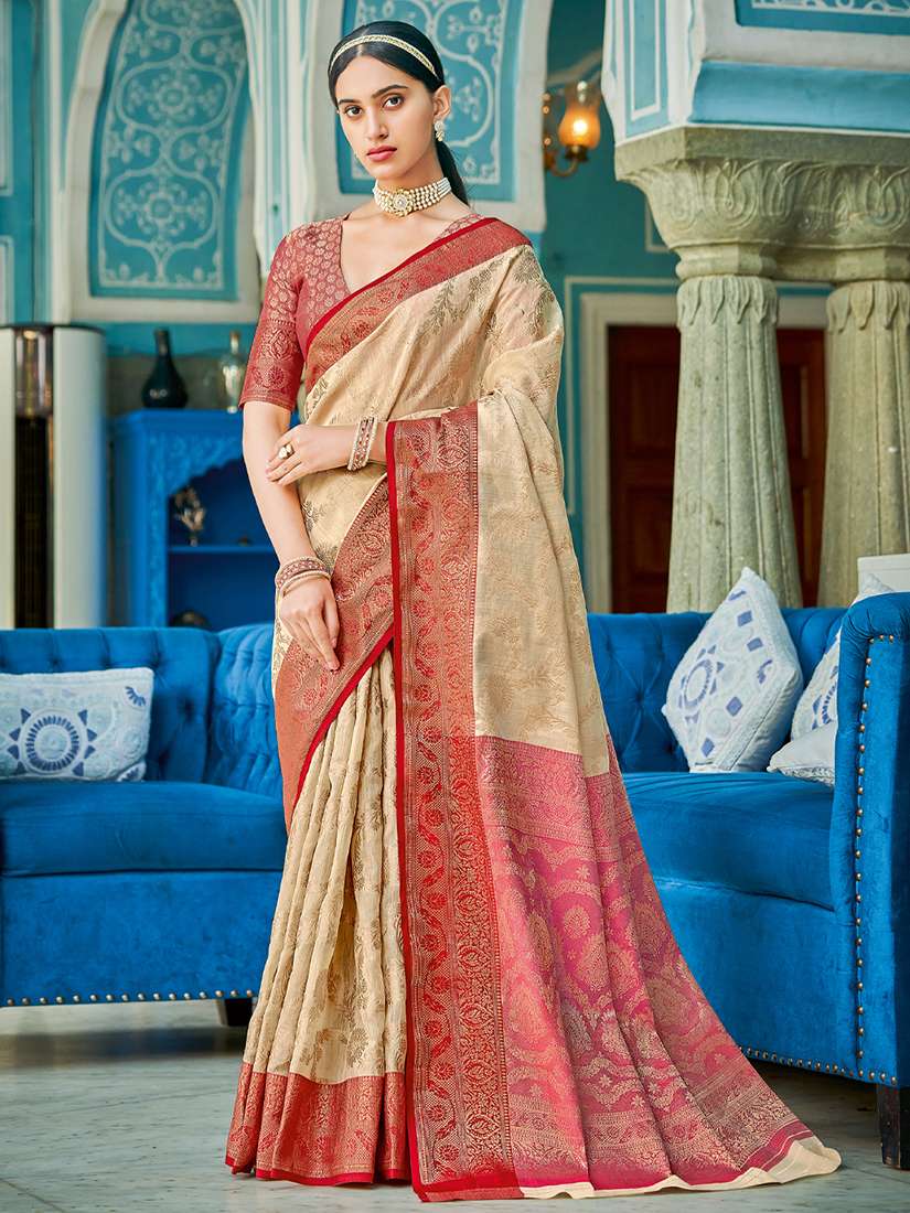 Monjolika Fashion Cream & Red Linen Cotton Blend Saree with Rich Zari Woven Border