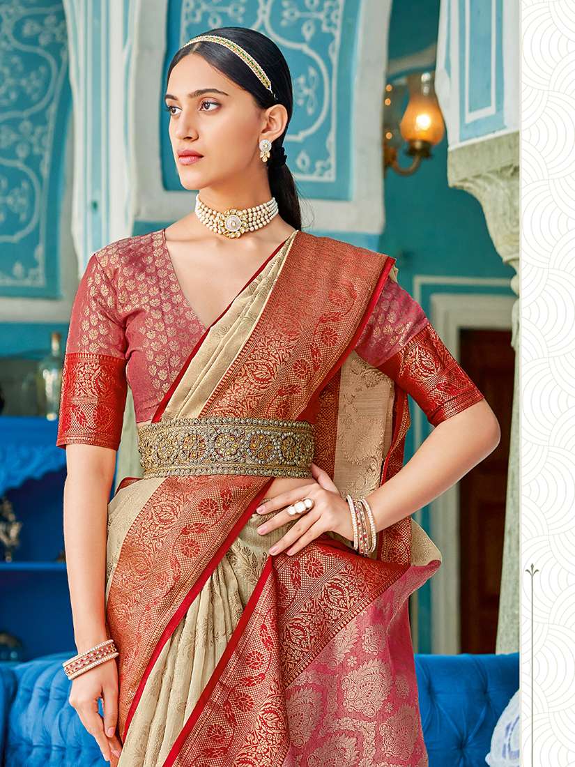 Monjolika Fashion Cream & Red Linen Cotton Blend Saree with Rich Zari Woven Border