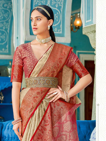 Monjolika Fashion Cream & Red Linen Cotton Blend Saree with Rich Zari Woven Border