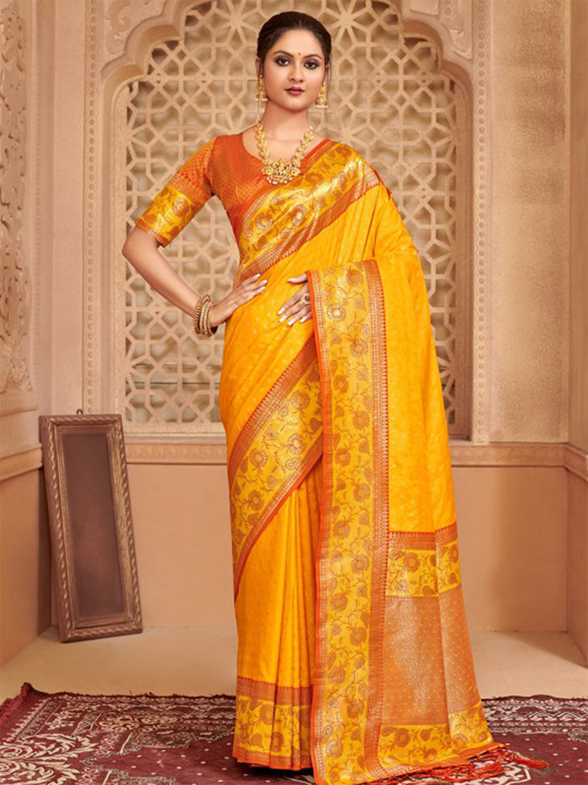Monjolika Fashion Mustard Banarasi Silk Blend Gold Zari Weaving Saree with Contrast Border