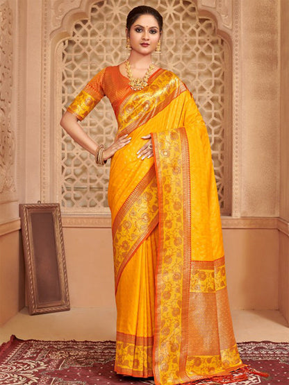 Monjolika Fashion Mustard Banarasi Silk Blend Gold Zari Weaving Saree with Contrast Border