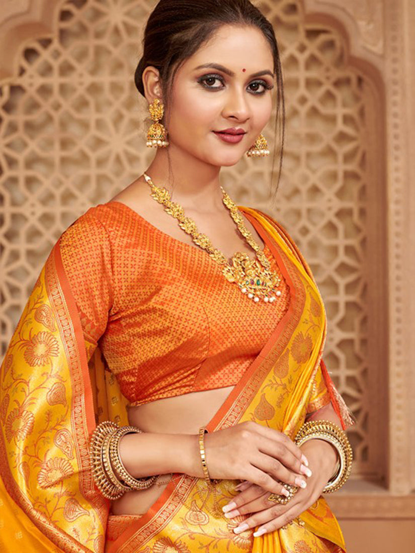 Monjolika Fashion Mustard Banarasi Silk Blend Gold Zari Weaving Saree with Contrast Border