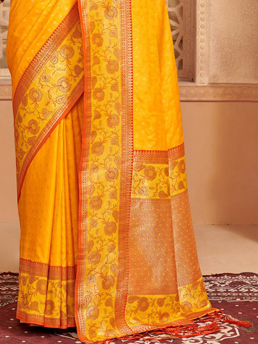 Monjolika Fashion Mustard Banarasi Silk Blend Gold Zari Weaving Saree with Contrast Border