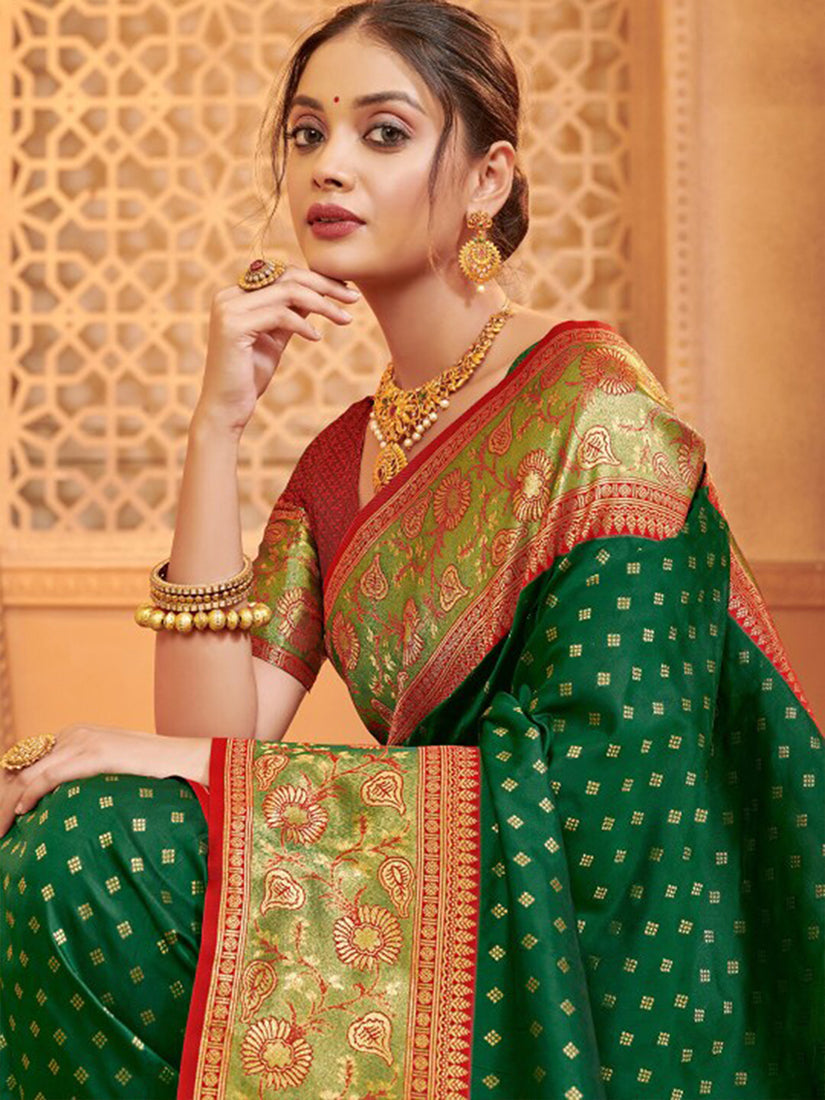 Monjolika Fashion Dark Green Banarasi Silk Blend Gold Zari Weaving Saree with Contrast Border