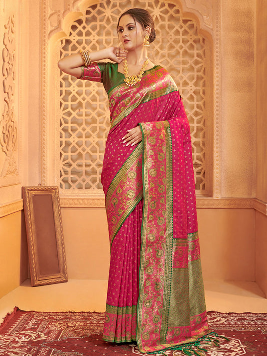 Monjolika Fashion Rani Pink Banarasi Silk Blend Gold Zari Weaving Saree with Contrast Border