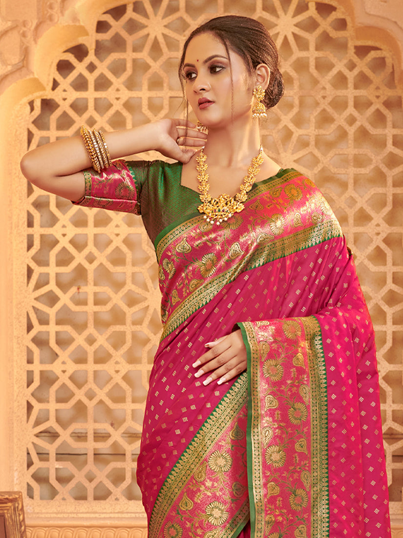 Monjolika Fashion Rani Pink Banarasi Silk Blend Gold Zari Weaving Saree with Contrast Border