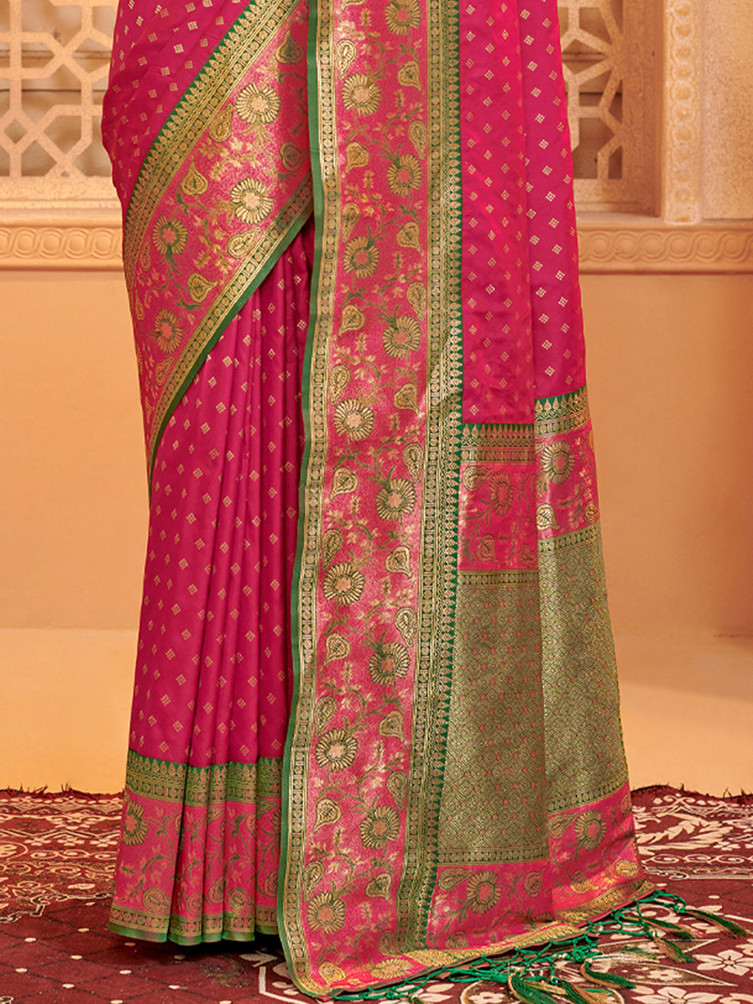 Monjolika Fashion Rani Pink Banarasi Silk Blend Gold Zari Weaving Saree with Contrast Border