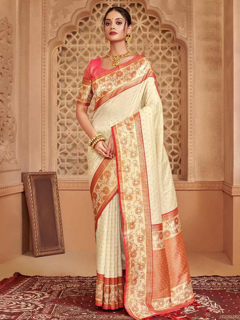 Monjolika Fashion Off White Banarasi Silk Blend Gold Zari Weaving Saree with Contrast Border