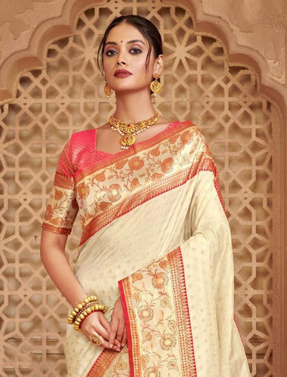 Monjolika Fashion Off White Banarasi Silk Blend Gold Zari Weaving Saree with Contrast Border