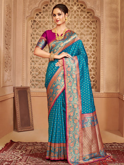 Monjolika Fashion Teal Blue Banarasi Silk Blend Gold Zari Weaving Saree with Contrast Border