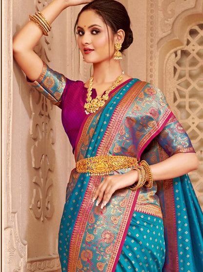 Monjolika Fashion Teal Blue Banarasi Silk Blend Gold Zari Weaving Saree with Contrast Border