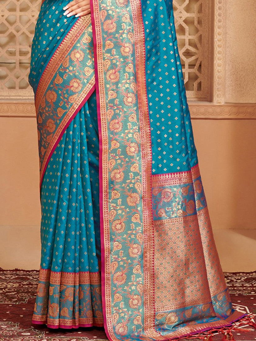 Monjolika Fashion Teal Blue Banarasi Silk Blend Gold Zari Weaving Saree with Contrast Border