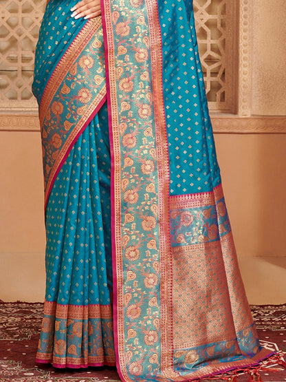 Monjolika Fashion Teal Blue Banarasi Silk Blend Gold Zari Weaving Saree with Contrast Border