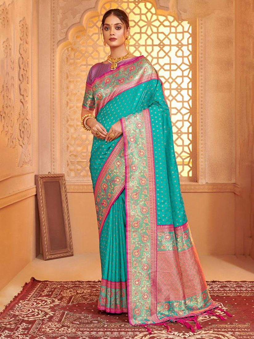 Monjolika Fashion Turquoise Banarasi Silk Blend Gold Zari Weaving Saree with Contrast Border