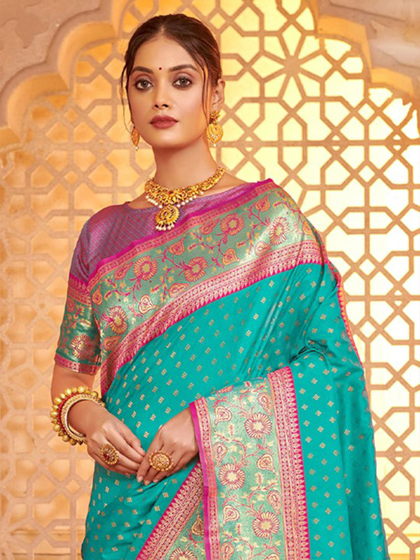 Monjolika Fashion Turquoise Banarasi Silk Blend Gold Zari Weaving Saree with Contrast Border